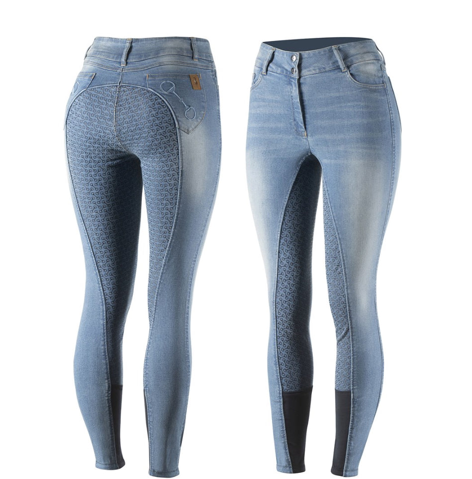 Horze Kaia Womens High Waist Denim Silicone Full Seat Breeches - Horse & Hound Tack Shop