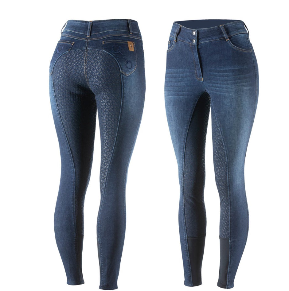 Horze Kaia Womens High Waist Denim Silicone Full Seat Breeches - Horse & Hound Tack Shop