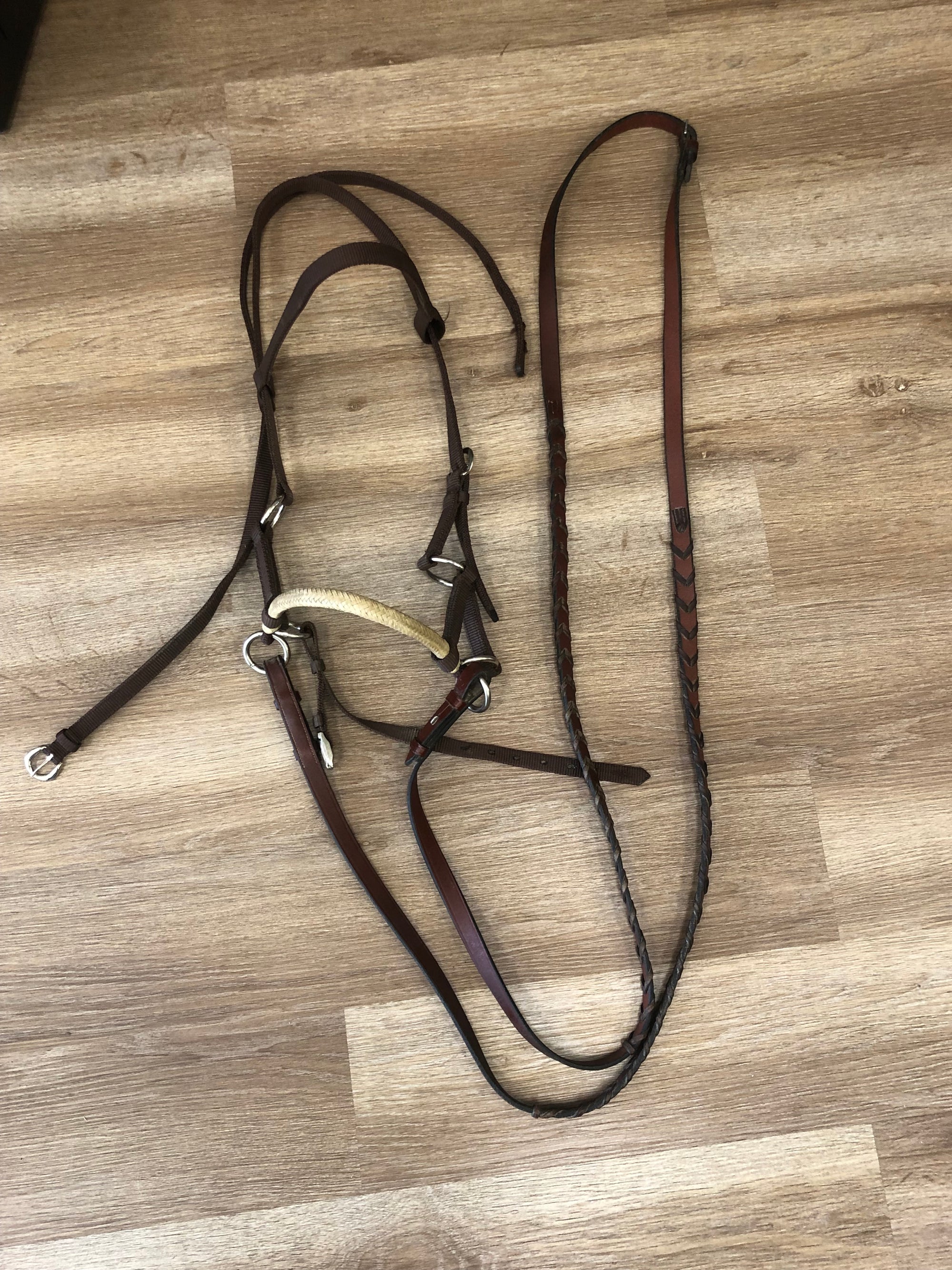 Nylon &amp; Rawhide Noseband Bitless Bridle w/ Reins