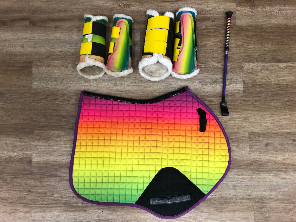 Rainbow Saddle Pad, Brushing Boots, &amp; Bat (sold together or separately) - Horse &amp; Hound Tack Shop 