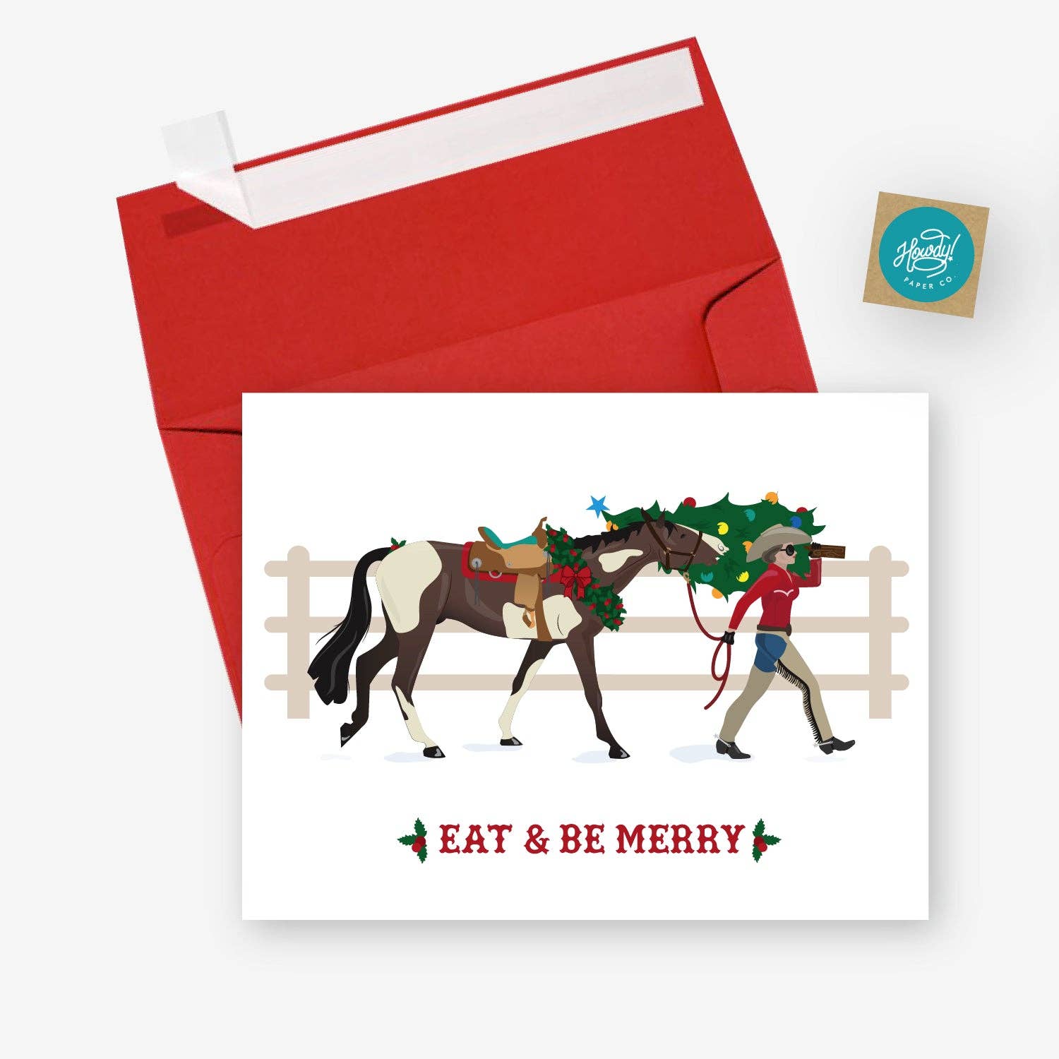 Eat + Be Merry Western Cowgirl Christmas Card: Single Card