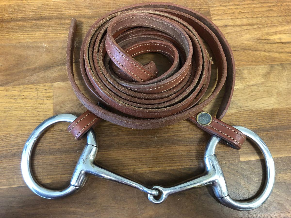 Western Brown Leather Split Reins w/ Attached Single Jointed Eggbutt Bit - 5”