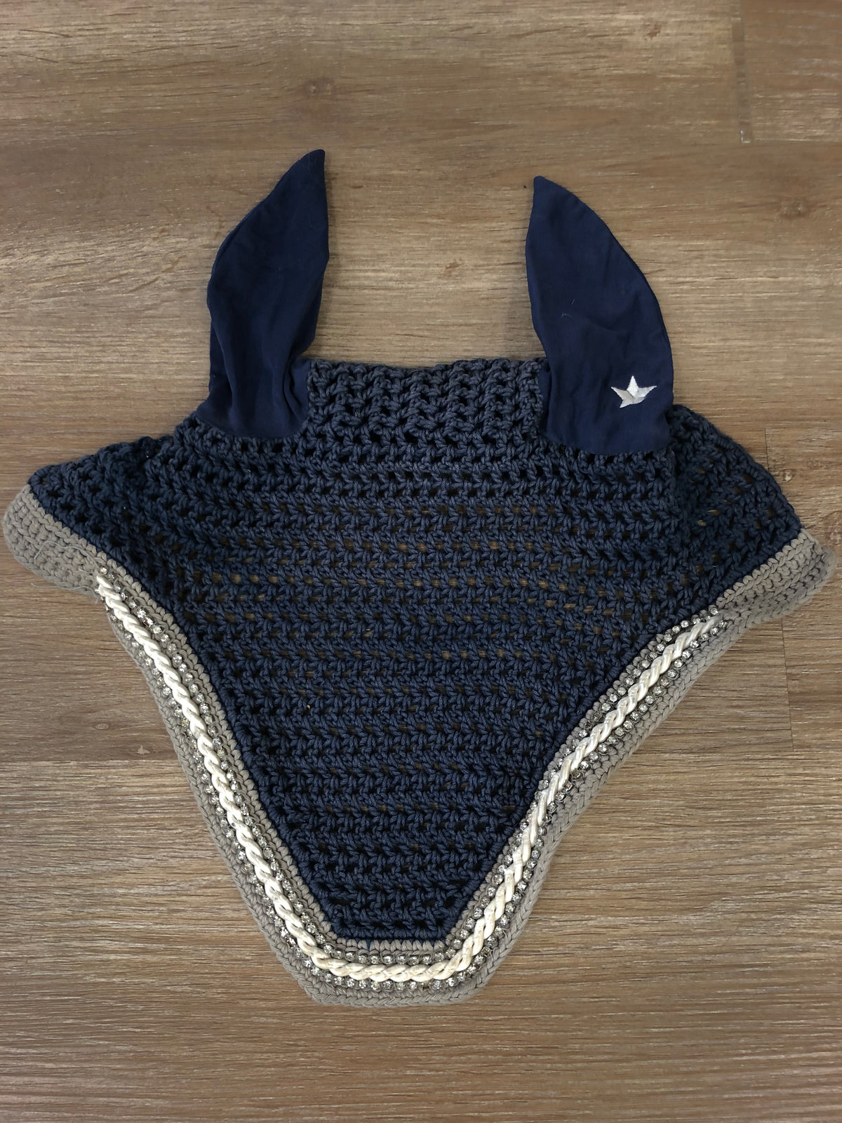EquStar Bonnet Navy w/ Beige/White Piping & Gems - Horse & Hound Tack Shop 