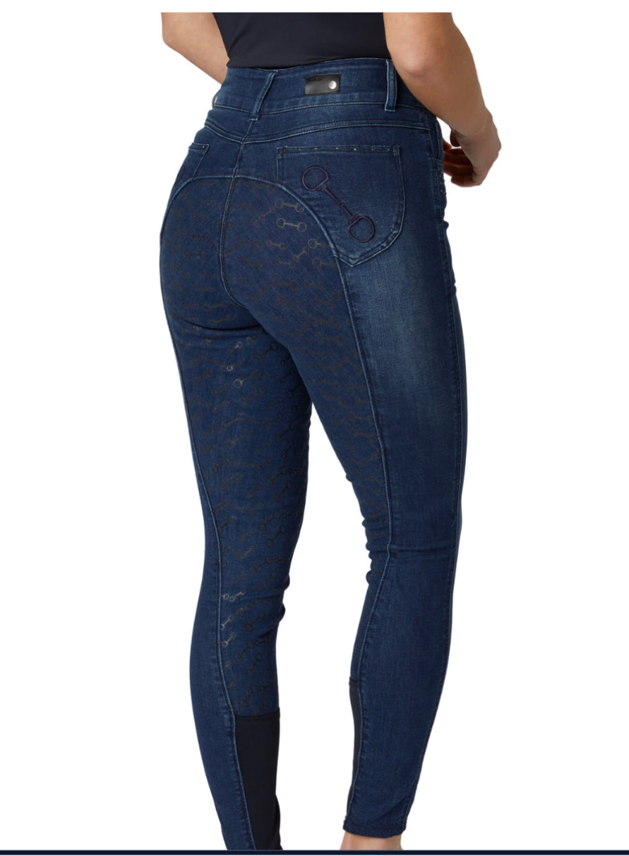 Horze Kaia Womens Full Grip Denim Breeches with Crystals