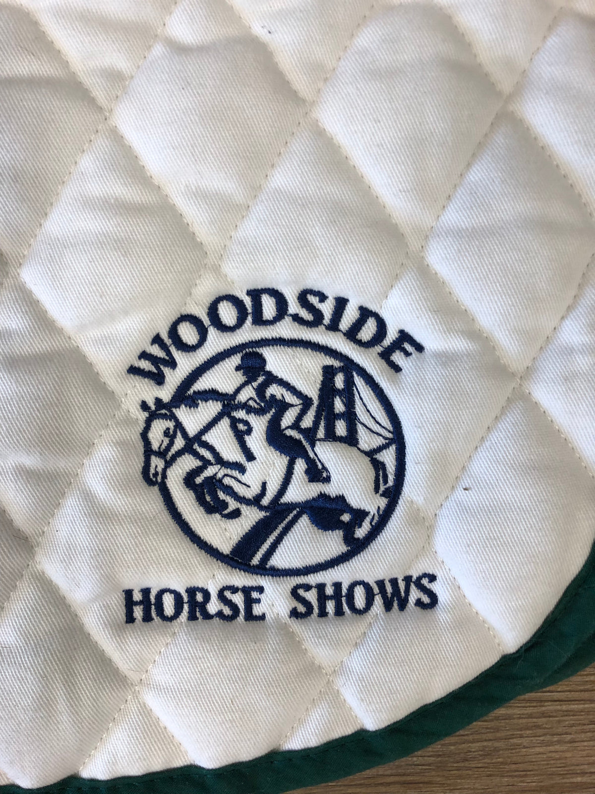 AP Saddle Pad White w/ Green Trim “Woodside Horse Show” - Horse &amp; Hound Tack Shop 