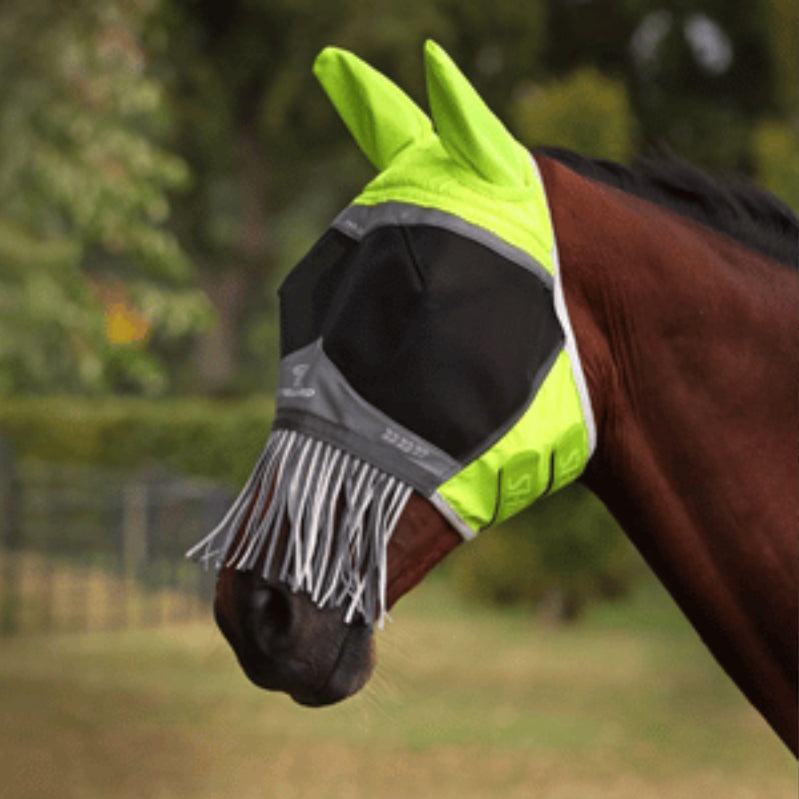 Shires Fly Guard Pro Hi-Viz Fine Mesh Fly Mask with Ears and Nose Fringe - Horse &amp; Hound Tack Shop 