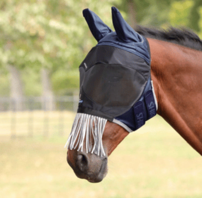 Shires Fly Guard Pro Deluxe Fly Mask with Ears &amp; Nose Fringe - Horse &amp; Hound Tack Shop 