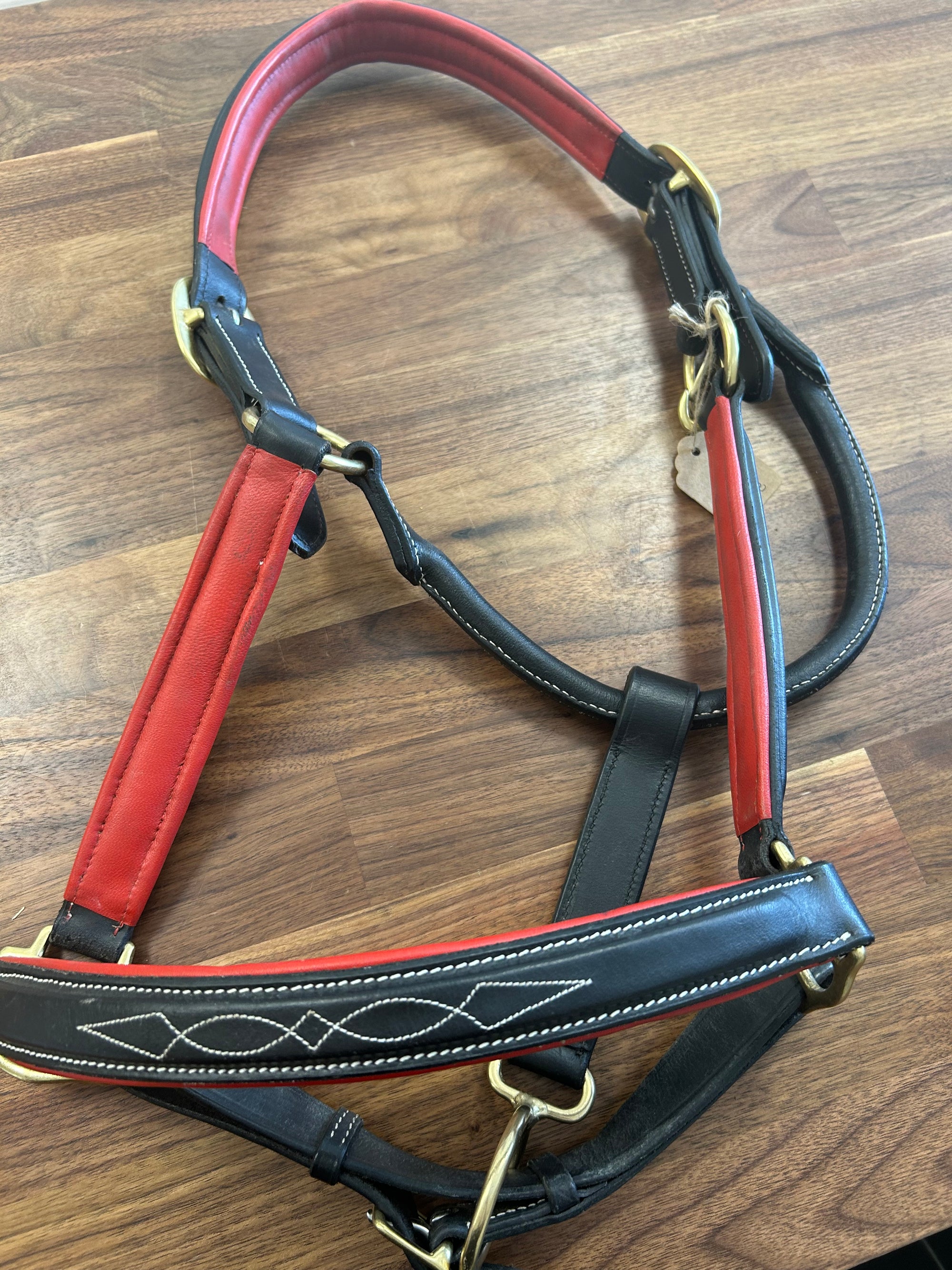 Fine Used Black With Red Padding Fancy Stitched Leather Halter - Full - Horse &amp; Hound Tack Shop 