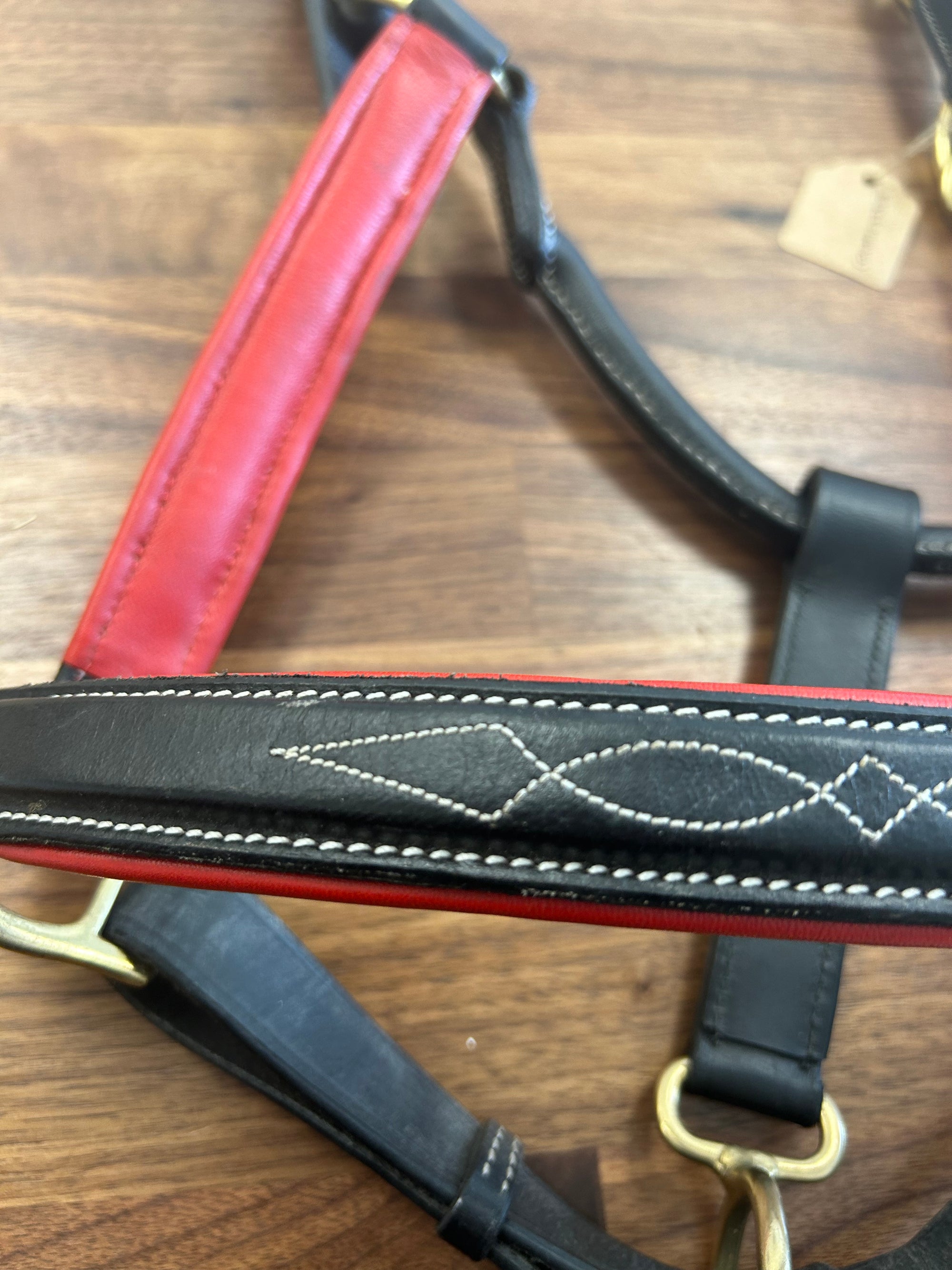 Fine Used Black With Red Padding Fancy Stitched Leather Halter - Full - Horse &amp; Hound Tack Shop 