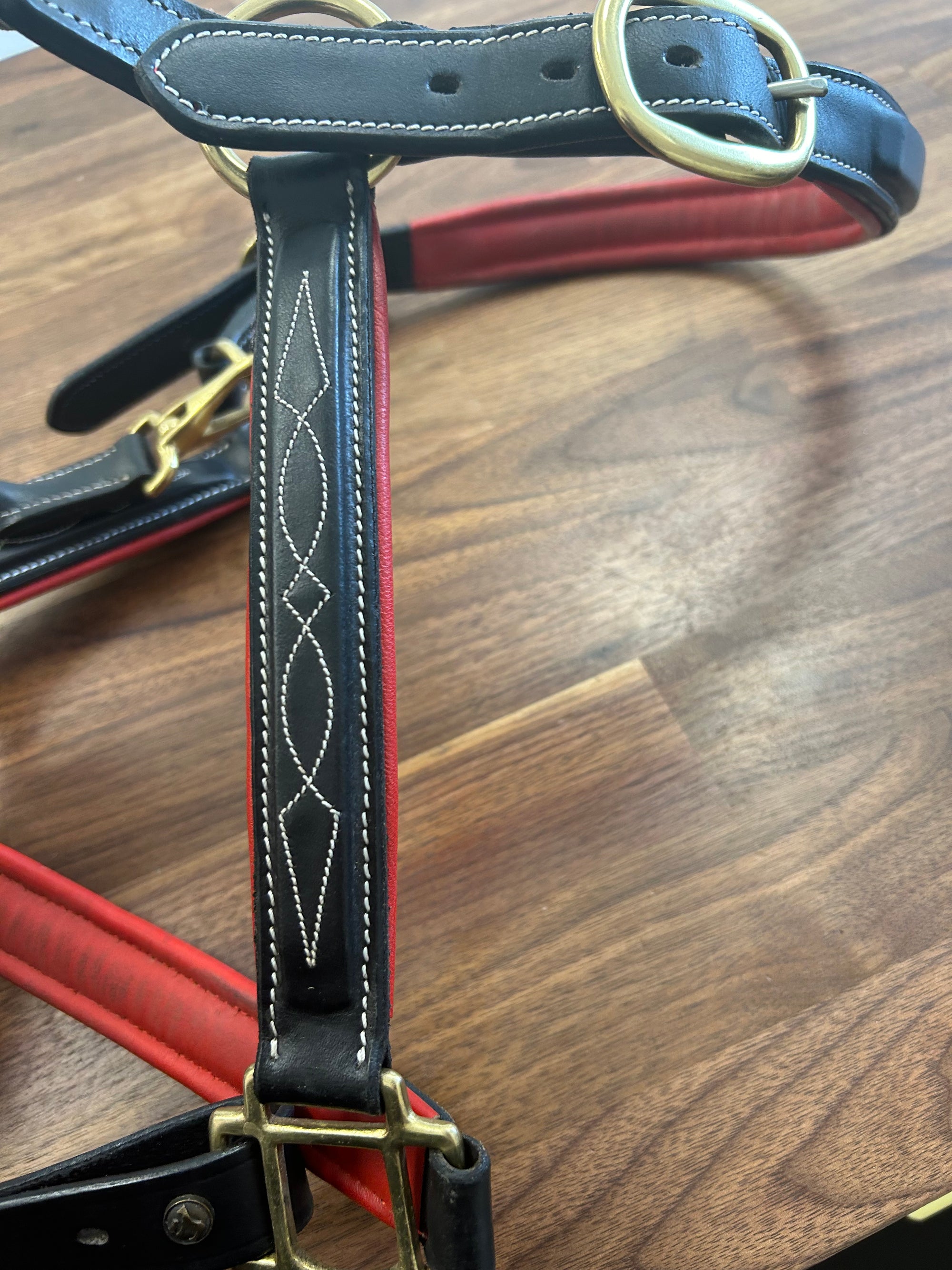Fine Used Black With Red Padding Fancy Stitched Leather Halter - Full - Horse &amp; Hound Tack Shop 